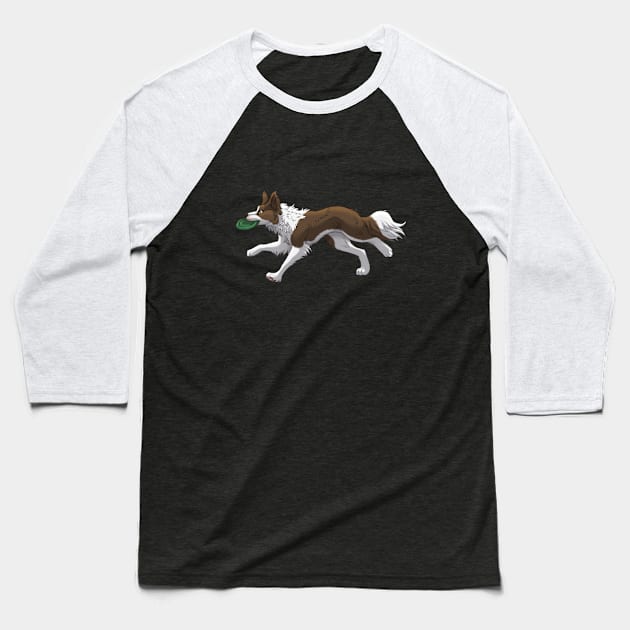 Running Brown Border Collie with Frisbee Baseball T-Shirt by Bamsdrawz